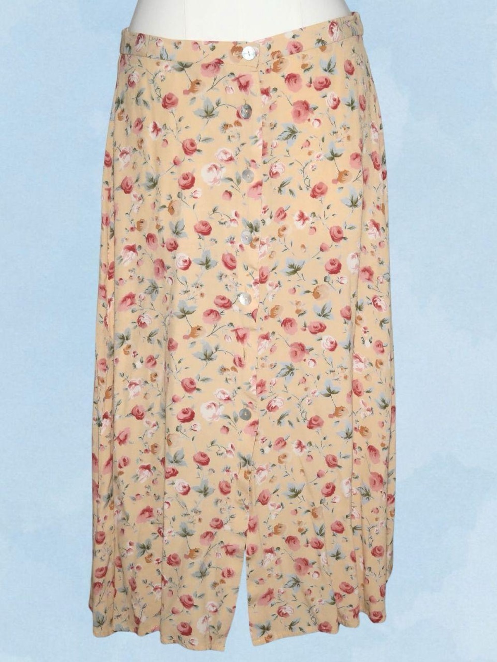 Floral Button-Front Midi Skirt in yellow with Pink Roses